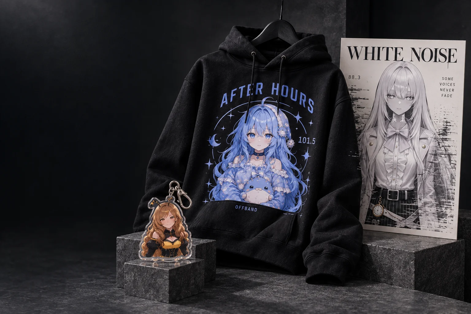 OFFBAND concept collection: an After Hours hoodie, White Noise print, and Honey Signal charm.